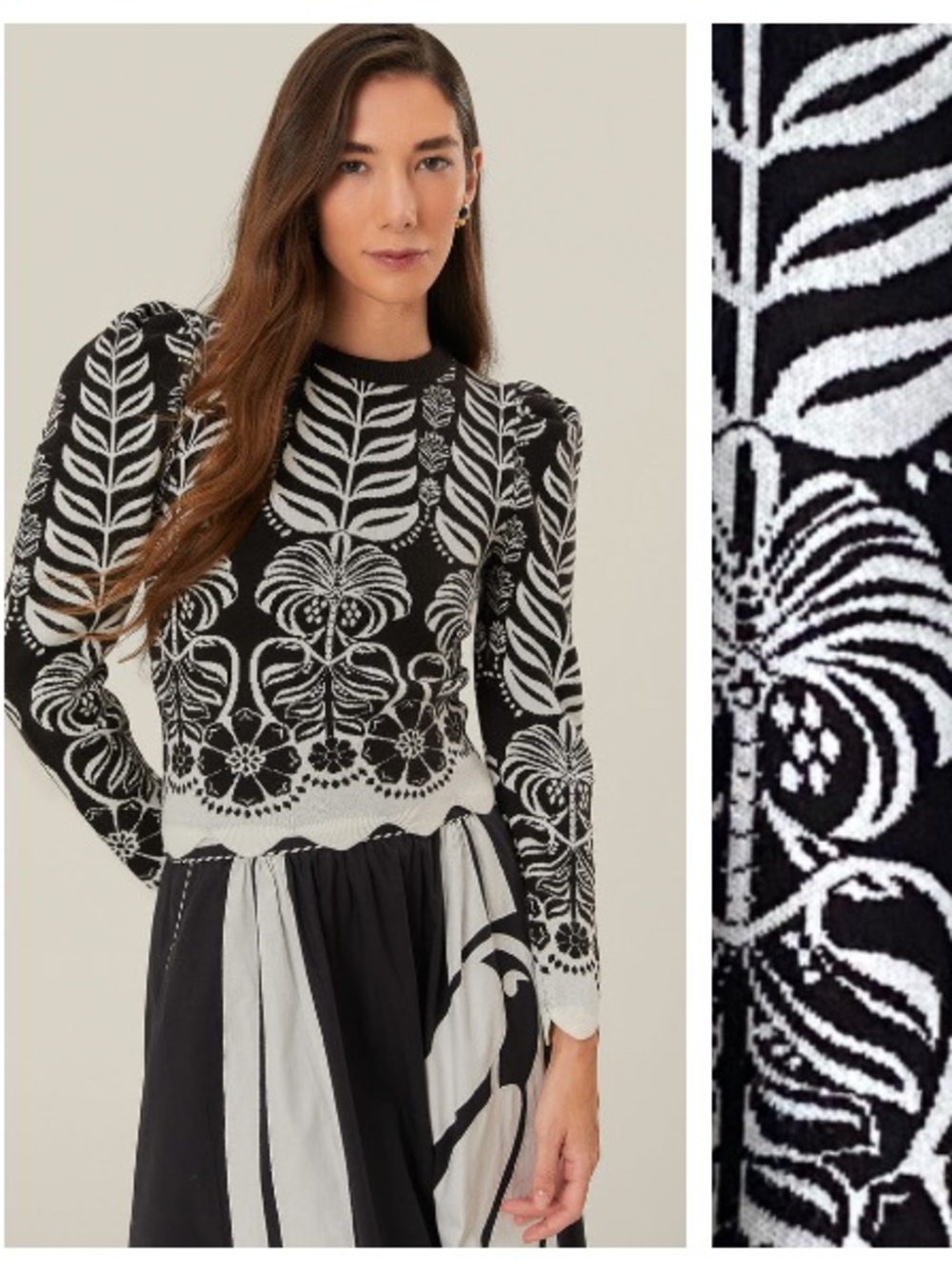FARM Rio Black White Ainika Tropical Splendor Puff Sleeve Knit Sweater Blouse S